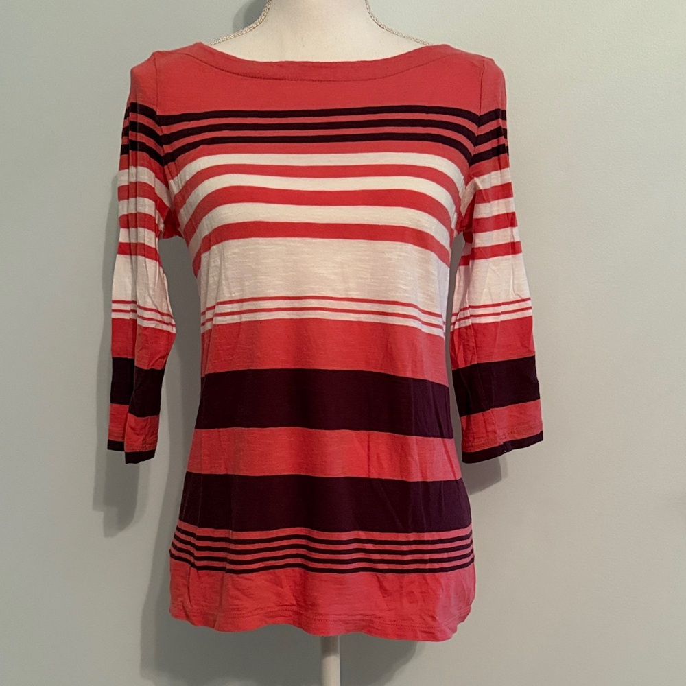 LOFT Coral, Maroon and White Striped Blouse 3/4 sleeved